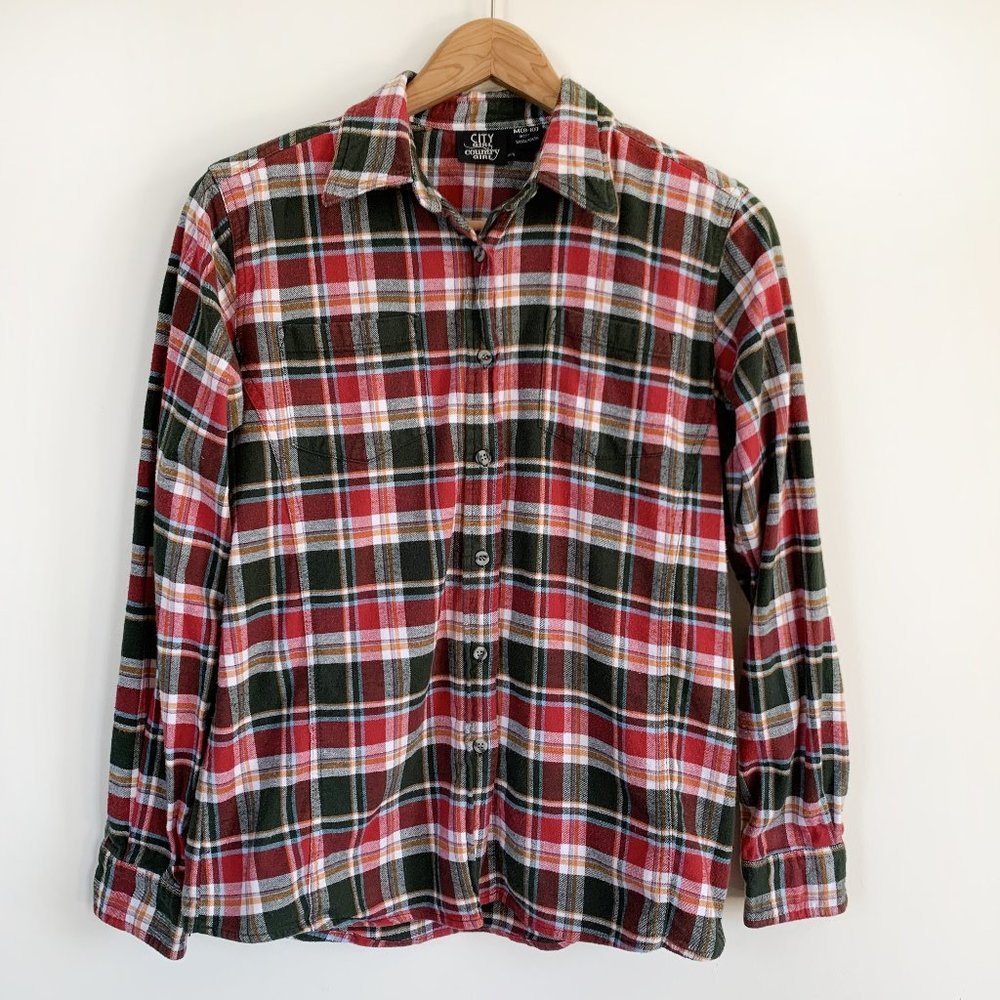 Country Plaid Flannel shirt Button Up long sleeve top MED
